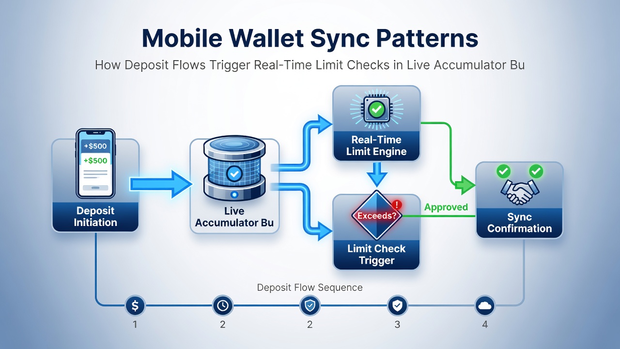 Diagram van real-time limit checks en live accumulator builds met deposit flows