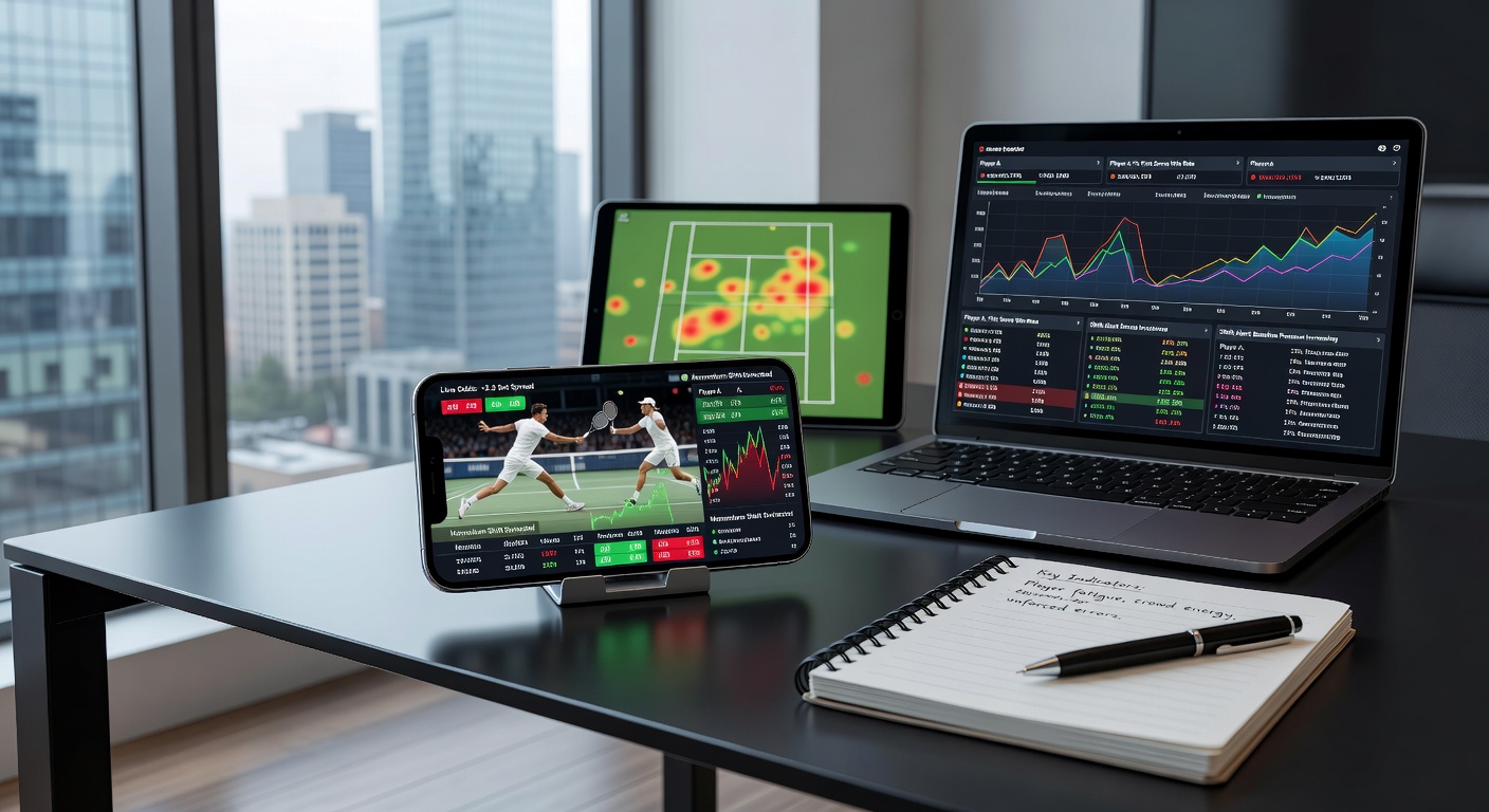 Mobiele app-scherm met live tennisstats, odds en grafieken van een spannende rally