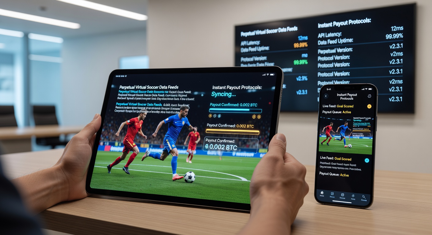 Diagram van data synchronisatie tussen virtuele voetbalfeeds en mobiele uitbetalingssystemen